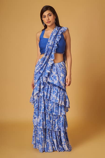 MAISOLOS Floral Print Pre-Draped Saree With Blouse 