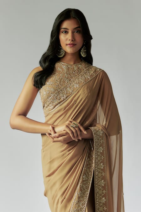 Buy_Maisolos_Gold Georgette Embroidery Round Neck Border Saree With Blouse_Online_at_Aza_Fashions
