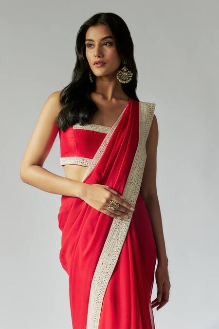 Buy_Maisolos_Red Georgette Cut Work, Sequins Square Neck Embroidered Saree With Blouse_Online_at_Aza_Fashions