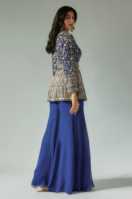 Shop Maisolos Blue Georgette, Net Embroidery, Cut Work, Cutdana Jacket With Sharara Set at Aza Fashions Shop_Maisolos_Blue Georgette, Net Embroidery, Cut Work, Cutdana Jacket With Sharara Set_at_Aza_Fashions