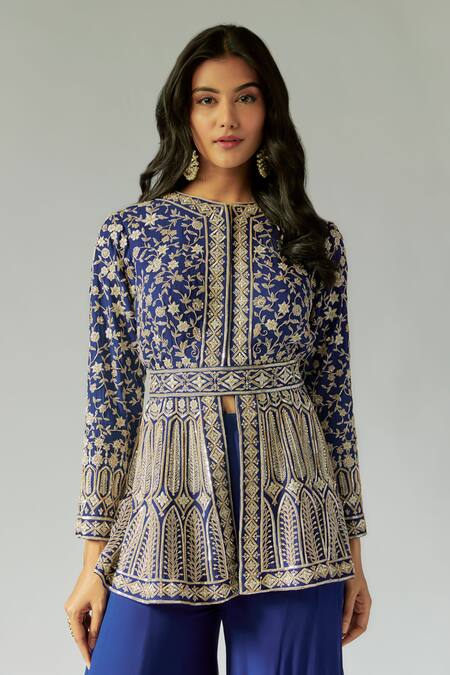 Buy Maisolos Blue Georgette, Net Embroidery, Cut Work, Cutdana Jacket With Sharara Set Online at Aza Fashions Buy_Maisolos_Blue Georgette, Net Embroidery, Cut Work, Cutdana Jacket With Sharara Set_Online_at_Aza_Fashions