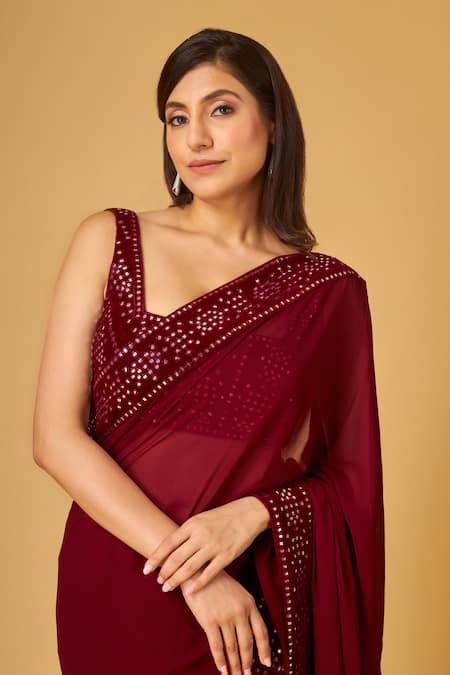 Buy_Maisolos_Maroon Georgette, Velvet Embroidery Square Florin Abla Border Saree With Blouse_Online_at_Aza_Fashions