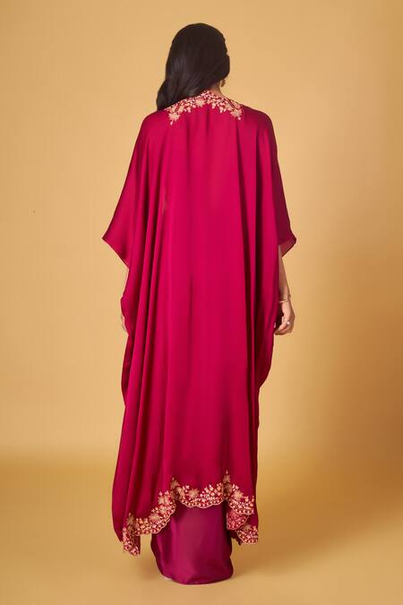 Shop Maisolos Magenta Modal, Satin Embroidery Round Neck Gardenia Cape Draped Skirt Set at Aza Fashions Shop_Maisolos_Magenta Modal, Satin Embroidery Round Neck Gardenia Cape Draped Skirt Set_at_Aza_Fashions