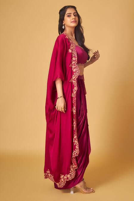 Maisolos Magenta Modal, Satin Embroidery Round Neck Gardenia Cape Draped Skirt Set Online at Aza Fashions Maisolos_Magenta Modal, Satin Embroidery Round Neck Gardenia Cape Draped Skirt Set_Online_at_Aza_Fashions