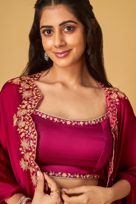 Buy Maisolos Magenta Modal, Satin Embroidery Round Neck Gardenia Cape Draped Skirt Set Online at Aza Fashions Buy_Maisolos_Magenta Modal, Satin Embroidery Round Neck Gardenia Cape Draped Skirt Set_Online_at_Aza_Fashions