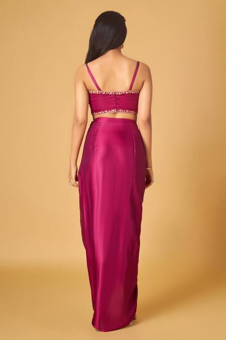 Shop Maisolos Magenta Modal, Satin Embroidery Round Neck Gardenia Cape Draped Skirt Set Online at Aza Fashions Shop_Maisolos_Magenta Modal, Satin Embroidery Round Neck Gardenia Cape Draped Skirt Set_Online_at_Aza_Fashions