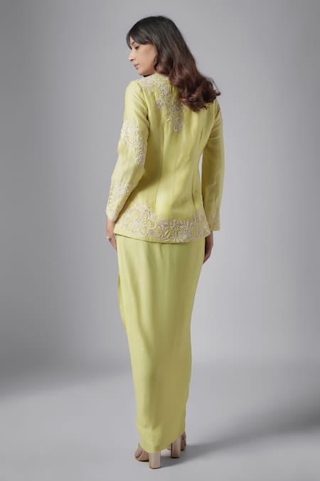 Shop Maisolos Yellow Organza, Crepe, Satin Bloom Meadow Embroidered Jacket With Draped Skirt at Aza Fashions Shop_Maisolos_Yellow Organza, Crepe, Satin Bloom Meadow Embroidered Jacket With Draped Skirt_at_Aza_Fashions