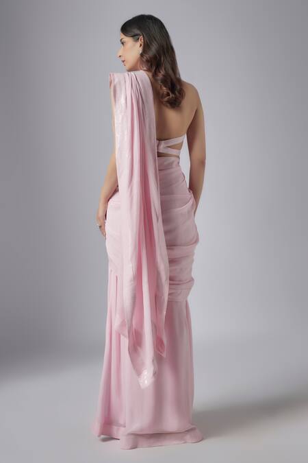 Shop Maisolos Pink Georgette Sequins Sweetheart Encrusted Border Pre-draped Saree With Blouse at Aza Fashions Shop_Maisolos_Pink Georgette Sequins Sweetheart Encrusted Border Pre-draped Saree With Blouse_at_Aza_Fashions