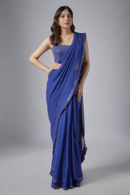 MAISOLOS Sequin Work Ruffle Pleated Border Pre-Draped Saree With Blouse 