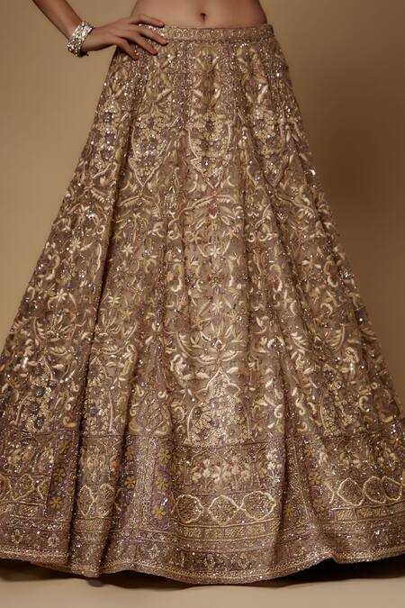 Maisolos_Beige Net Cut Work, Sequins, Beads Phool Bahar Embroidered Bridal Lehenga Set_Online_at_Aza_Fashions