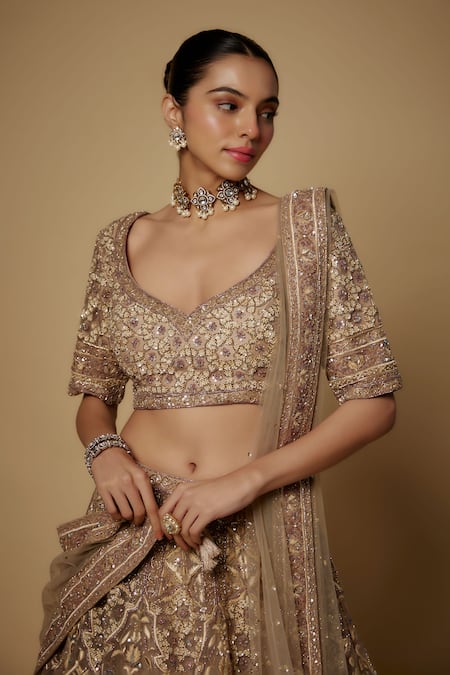 Buy_Maisolos_Beige Net Cut Work, Sequins, Beads Phool Bahar Embroidered Bridal Lehenga Set_Online_at_Aza_Fashions