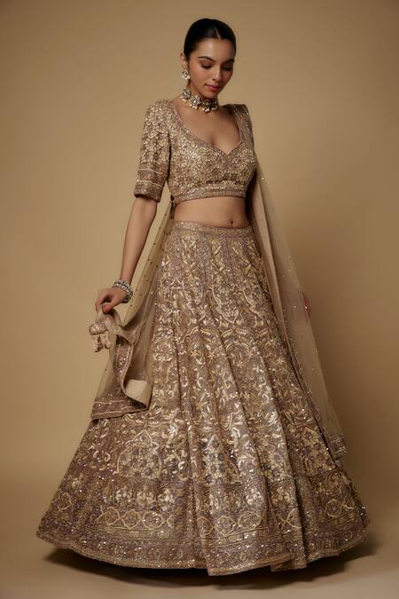 Shop_Maisolos_Beige Net Cut Work, Sequins, Beads Phool Bahar Embroidered Bridal Lehenga Set_Online_at_Aza_Fashions