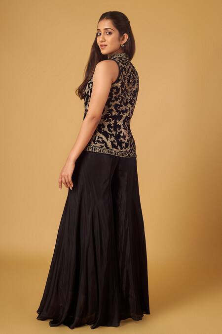 Shop_Maisolos_Black Velvet, Georgette Sequins, Beads, Anthemion Jacket With Sharara Pant_Online_at_Aza_Fashions