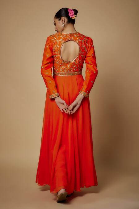 Shop Maisolos Orange Silk, Georgette, Net, Cotton Embroidery Mock Jacket Anarkali Churidar Set at Aza Fashions Shop_Maisolos_Orange Silk, Georgette, Net, Cotton Embroidery Mock Jacket Anarkali Churidar Set_at_Aza_Fashions