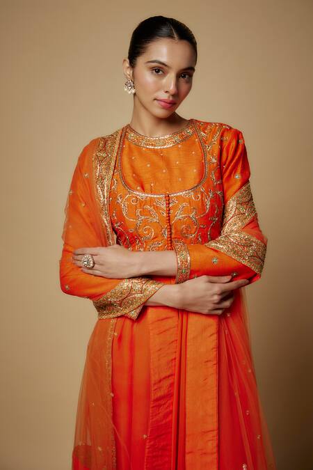 Maisolos Orange Silk, Georgette, Net, Cotton Embroidery Mock Jacket Anarkali Churidar Set Online at Aza Fashions Maisolos_Orange Silk, Georgette, Net, Cotton Embroidery Mock Jacket Anarkali Churidar Set_Online_at_Aza_Fashions