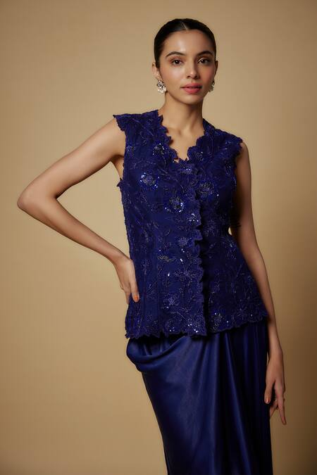 Buy Maisolos Blue Net, Crepe, Satin Sequins V-neck Floral Embroidered Jacket With Skirt Online at Aza Fashions Buy_Maisolos_Blue Net, Crepe, Satin Sequins V-neck Floral Embroidered Jacket With Skirt _Online_at_Aza_Fashions