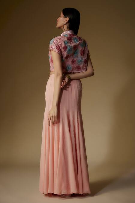 Shop Maisolos Peach Georgette, Organza Embroidery, Sequins Collared Floral Jacket Skirt Set at Aza Fashions Shop_Maisolos_Peach Georgette, Organza Embroidery, Sequins Collared Floral Jacket Skirt Set_at_Aza_Fashions