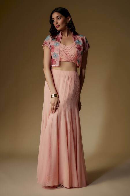 Shop Maisolos Peach Georgette, Organza Embroidery, Sequins Collared Floral Jacket Skirt Set Online at Aza Fashions Shop_Maisolos_Peach Georgette, Organza Embroidery, Sequins Collared Floral Jacket Skirt Set_Online_at_Aza_Fashions