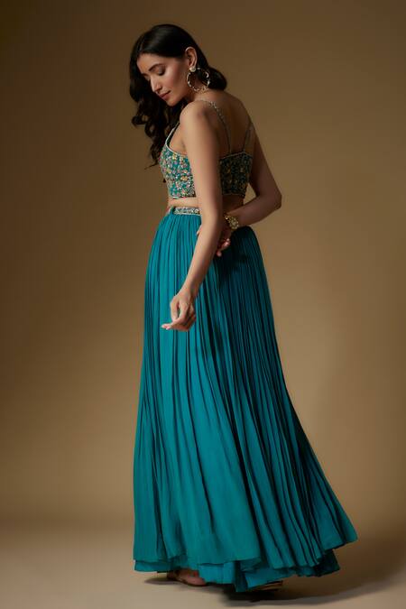 Shop Maisolos Blue Georgette Embroidery, Sequins Flower Blouse And Pleated Lehenga Set at Aza Fashions Shop_Maisolos_Blue Georgette Embroidery, Sequins Flower Blouse And Pleated Lehenga Set_at_Aza_Fashions