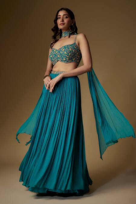 Maisolos Blue Georgette Embroidery, Sequins Flower Blouse And Pleated Lehenga Set Online at Aza Fashions Maisolos_Blue Georgette Embroidery, Sequins Flower Blouse And Pleated Lehenga Set_Online_at_Aza_Fashions