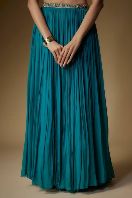 Shop Maisolos Blue Georgette Embroidery, Sequins Flower Blouse And Pleated Lehenga Set Online at Aza Fashions Shop_Maisolos_Blue Georgette Embroidery, Sequins Flower Blouse And Pleated Lehenga Set_Online_at_Aza_Fashions