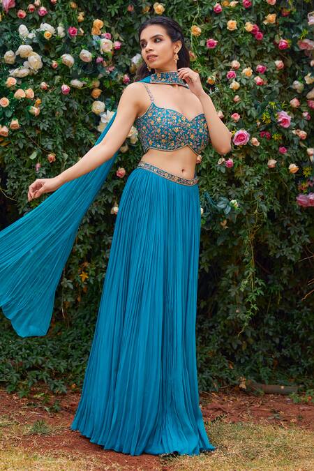Buy Maisolos Blue Georgette Embroidery, Sequins Flower Blouse And Pleated Lehenga Set Buy_Maisolos_Blue Georgette Embroidery, Sequins Flower Blouse And Pleated Lehenga Set