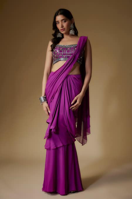Maisolos Purple Silk, Georgette Mirrors, Pre-draped Saree With Geometric Work Blouse