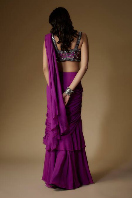 Shop Maisolos Purple Silk, Georgette Mirrors, Pre-draped Saree With Geometric Work Blouse at Aza Fashions Shop_Maisolos_Purple Silk, Georgette Mirrors, Pre-draped Saree With Geometric Work Blouse_at_Aza_Fashions