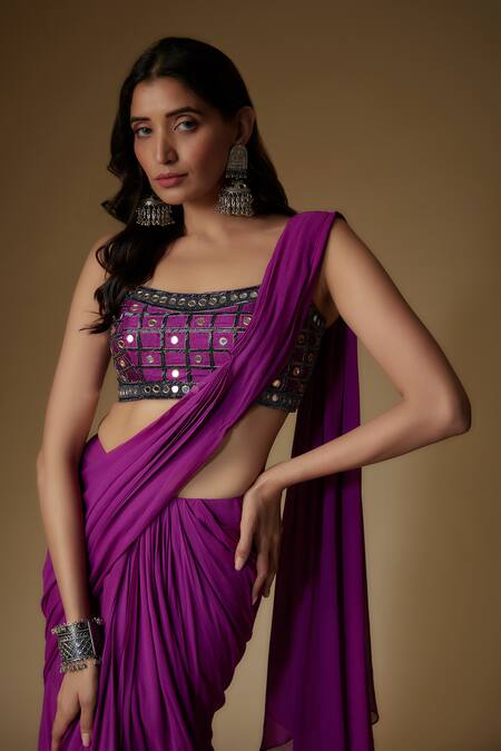 Maisolos Purple Silk, Georgette Mirrors, Pre-draped Saree With Geometric Work Blouse Online at Aza Fashions Maisolos_Purple Silk, Georgette Mirrors, Pre-draped Saree With Geometric Work Blouse_Online_at_Aza_Fashions
