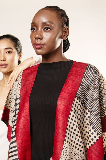 Aeshaane Black Tussar Pearls Open Neck Geometric Pattern Front Jacket Online at Aza Fashions Aeshaane_Black Tussar Pearls Open Neck Geometric Pattern Front Jacket _Online_at_Aza_Fashions