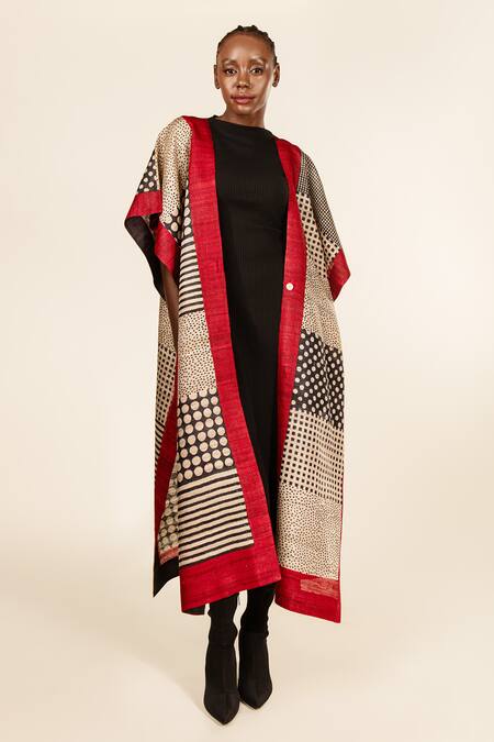 Buy Aeshaane Black Tussar Pearls Open Neck Geometric Pattern Front Jacket Online at Aza Fashions Buy_Aeshaane_Black Tussar Pearls Open Neck Geometric Pattern Front Jacket _Online_at_Aza_Fashions