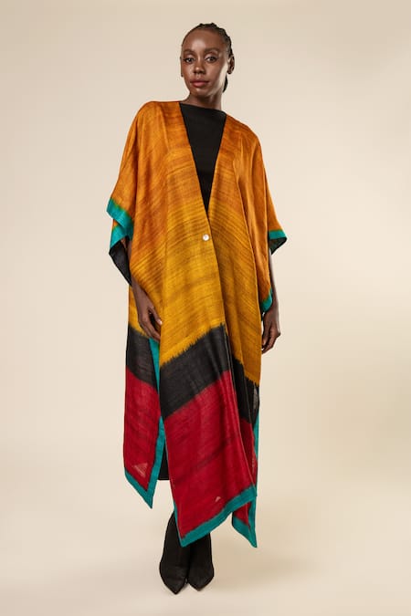 Shop Aeshaane Multi Color Tussar Pearls Open Neck Blocked Front Jacket at Aza Fashions Shop_Aeshaane_Multi Color Tussar Pearls Open Neck Blocked Front Jacket _at_Aza_Fashions