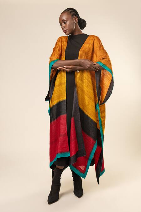 Aeshaane Multi Color Tussar Pearls Open Neck Blocked Front Jacket Online at Aza Fashions Aeshaane_Multi Color Tussar Pearls Open Neck Blocked Front Jacket _Online_at_Aza_Fashions