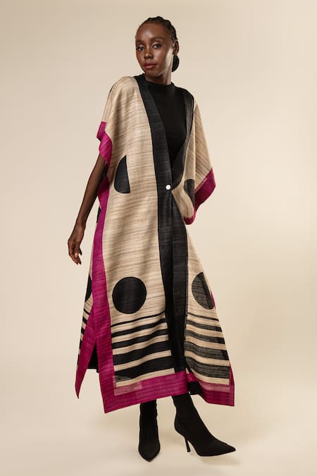 Aeshaane_Magenta Tussar Pearls Open Neck Polka Dots Pattern Front Jacket _Online_at_Aza_Fashions