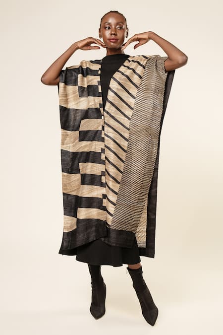 Aeshaane Black Tussar Pearls Open Neck Stripe Pattern Front Jacket