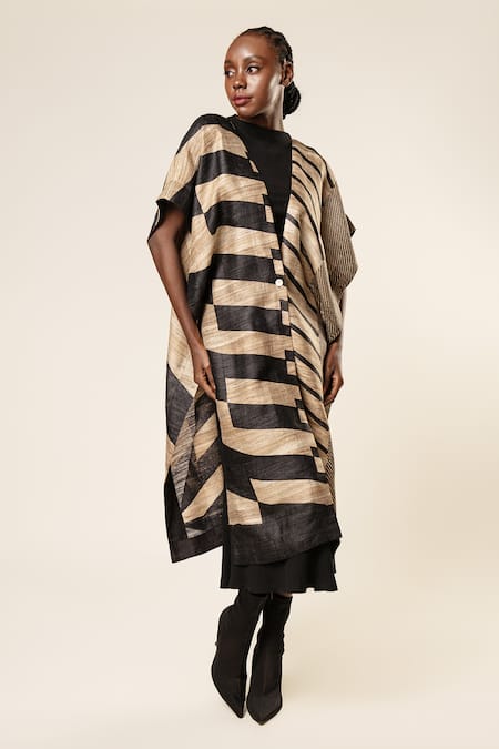 Aeshaane_Black Tussar Pearls Open Neck Stripe Pattern Front Jacket _Online_at_Aza_Fashions