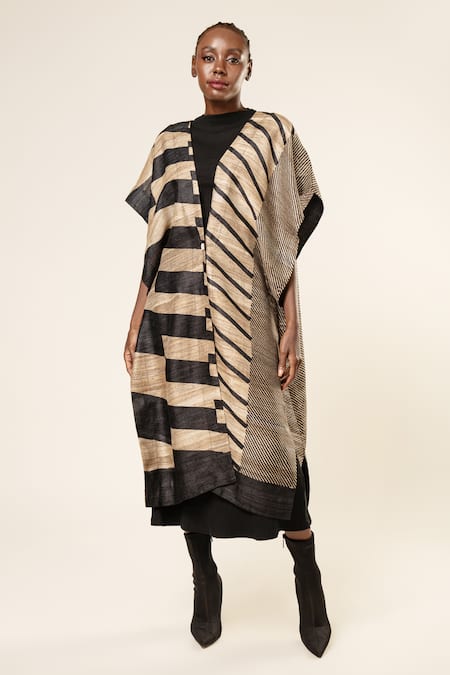 Buy_Aeshaane_Black Tussar Pearls Open Neck Stripe Pattern Front Jacket _Online_at_Aza_Fashions