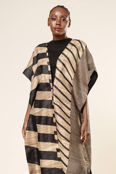 Shop_Aeshaane_Black Tussar Pearls Open Neck Stripe Pattern Front Jacket _Online_at_Aza_Fashions