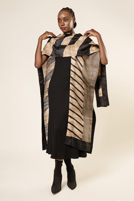 Aeshaane_Black Tussar Pearls Open Neck Stripe Pattern Front Jacket _at_Aza_Fashions