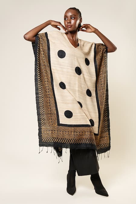 Aeshaane Black Tussar Open Neck Polka Dots Pattern Kaftan