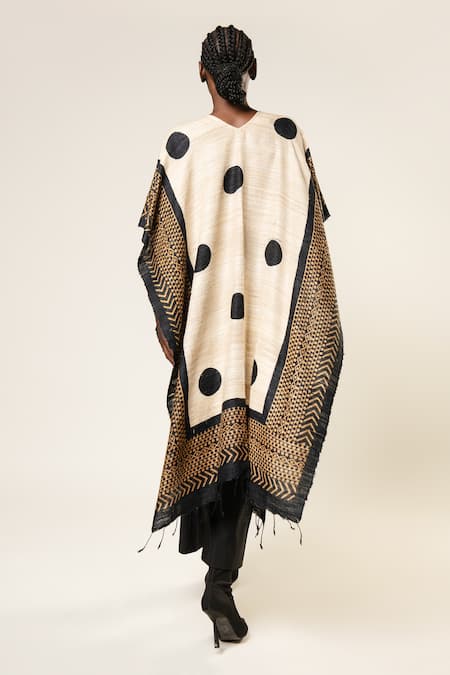 Shop Aeshaane Black Tussar Open Neck Polka Dots Pattern Kaftan at Aza Fashions Shop_Aeshaane_Black Tussar Open Neck Polka Dots Pattern Kaftan _at_Aza_Fashions