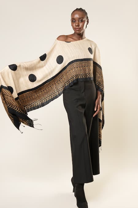 Aeshaane Black Tussar Open Neck Polka Dots Pattern Kaftan Online at Aza Fashions Aeshaane_Black Tussar Open Neck Polka Dots Pattern Kaftan _Online_at_Aza_Fashions