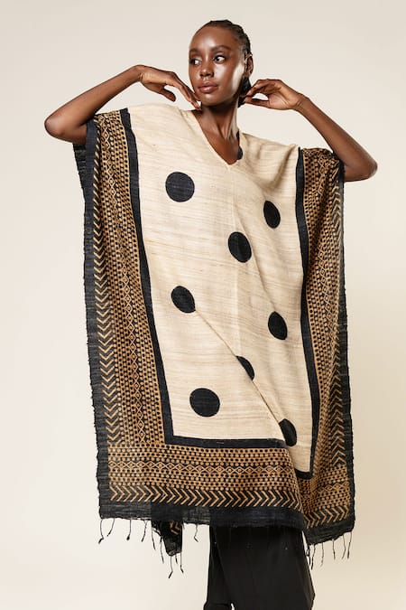 Shop Aeshaane Black Tussar Open Neck Polka Dots Pattern Kaftan Online at Aza Fashions Shop_Aeshaane_Black Tussar Open Neck Polka Dots Pattern Kaftan _Online_at_Aza_Fashions