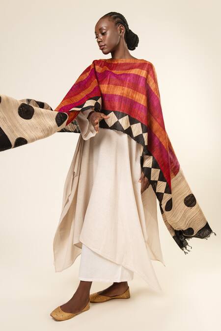 Shop Aeshaane Multi Color Tussar Boat Neck Stripe Pattern Asymmetric Sleeves Kaftan at Aza Fashions Shop_Aeshaane_Multi Color Tussar Boat Neck Stripe Pattern Asymmetric Sleeves Kaftan _at_Aza_Fashions