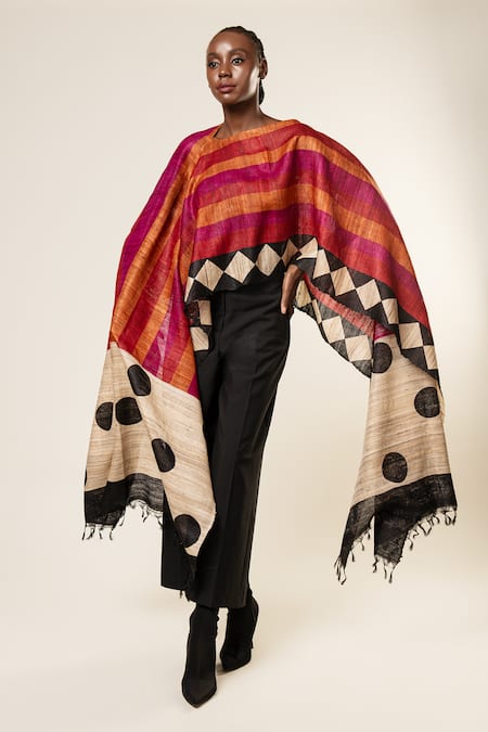 Aeshaane Multi Color Tussar Boat Neck Stripe Pattern Asymmetric Sleeves Kaftan Online at Aza Fashions Aeshaane_Multi Color Tussar Boat Neck Stripe Pattern Asymmetric Sleeves Kaftan _Online_at_Aza_Fashions