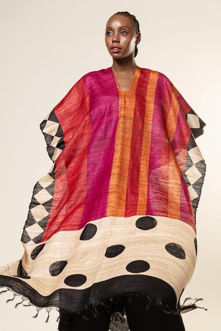 Buy Aeshaane Multi Color Tussar Boat Neck Stripe Pattern Asymmetric Sleeves Kaftan Online at Aza Fashions Buy_Aeshaane_Multi Color Tussar Boat Neck Stripe Pattern Asymmetric Sleeves Kaftan _Online_at_Aza_Fashions