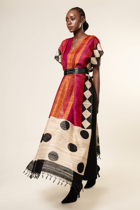 Shop Aeshaane Multi Color Tussar Boat Neck Stripe Pattern Asymmetric Sleeves Kaftan Online at Aza Fashions Shop_Aeshaane_Multi Color Tussar Boat Neck Stripe Pattern Asymmetric Sleeves Kaftan _Online_at_Aza_Fashions