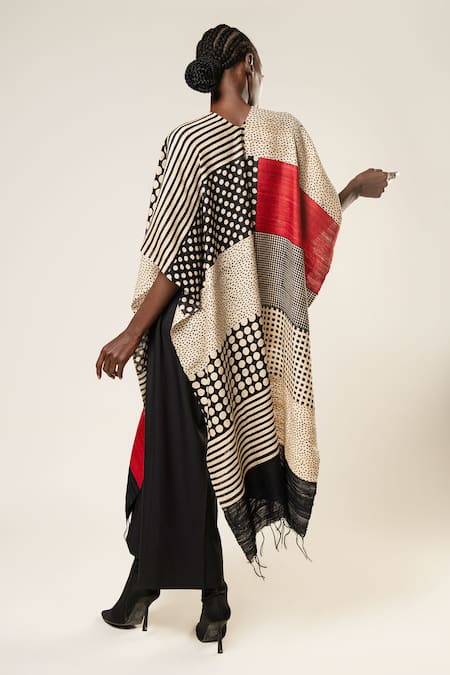 Shop Aeshaane Black Tussar Round Neck Stripe Pattern Color Blocked Kaftan at Aza Fashions Shop_Aeshaane_Black Tussar Round Neck Stripe Pattern Color Blocked Kaftan _at_Aza_Fashions