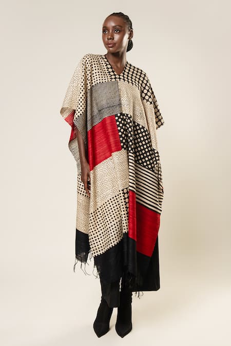 Shop Aeshaane Black Tussar Round Neck Stripe Pattern Color Blocked Kaftan Online at Aza Fashions Shop_Aeshaane_Black Tussar Round Neck Stripe Pattern Color Blocked Kaftan _Online_at_Aza_Fashions