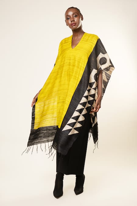 Aeshaane Yellow Tussar Polka Dot Pattern Kaftan